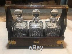 Antique Original English Tantalus, C. 1870 Liquor case with 3 cut glass decanters