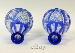 Antique Pair Of Bohemian Blue Flashed & Cut Glass Decanters C. 1930