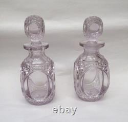 Antique Pair Ornate 8 Turning Purple Diamond Cut Glass Decanters with Stoppers