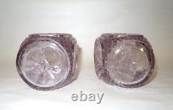 Antique Pair Ornate 8 Turning Purple Diamond Cut Glass Decanters with Stoppers