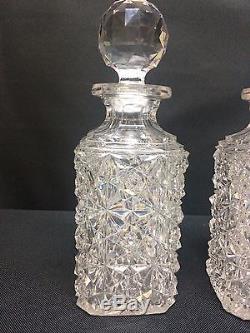 Antique Pair Signed Hawkes Cut Glass Decanters With Liquer Cologne Bottles
