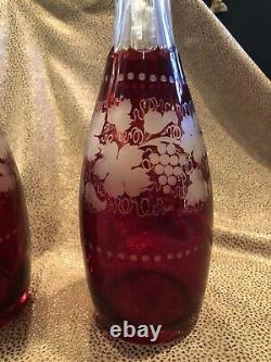 Antique Pair of Bohemian Cut & Etched Cranberry Glass Liquor Decanters