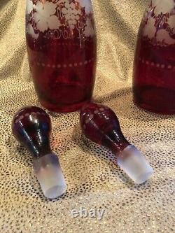 Antique Pair of Bohemian Cut & Etched Cranberry Glass Liquor Decanters