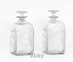 Antique Pair of Etched Glass Decanters Thistles c. 1900