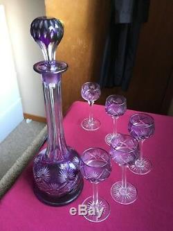 Antique Purple Bohemian Cut To Clear Glass Decanter And 5 Cordial Glasses Set