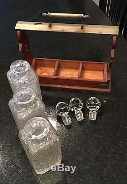 Antique Qtr Sawn Oak Tantalus Set Nickle Trim 3 Cut Crystal Decanters withCollars