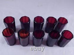 Antique RED RUBY Cut Glass Decanter Decagen With Stopper 10 Shot Glasses Set