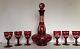 Antique Ruby Red Cut To Clear Bohemian Crystal Glass Decanter & 6 Goblets Mint