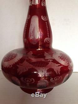 Antique RUBY RED CUT to CLEAR Bohemian Crystal Glass DECANTER & 6 GOBLETS MINT