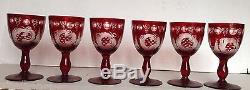 Antique RUBY RED CUT to CLEAR Bohemian Crystal Glass DECANTER & 6 GOBLETS MINT