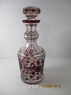 Antique Ruby Stain Cut Glass Decanter Liquor Bottle Leaf & Vine Design