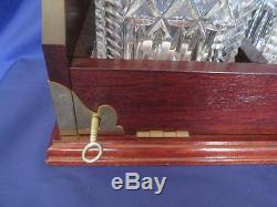 Antique STYLE Brass/Mahogany TANTALUS Three Matching Crystal Decanters, inc Key