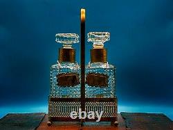 Antique Set of 2 Whisky Gin Decanters Cut Glass Silver Collars in Silver Basket