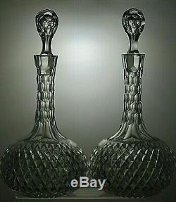 Antique Shaft And Globe Lead Crystal Cut Glass Round Decanters Set Of 2