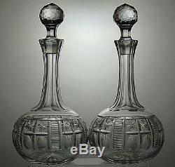 Antique Shaft And Globe Lead Crystal Cut Glass Round Decanters Set Of 2- 11tall