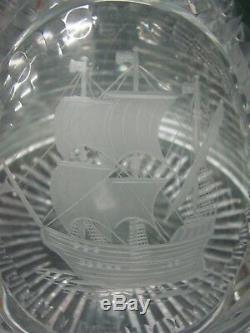Antique Ship's Decanter Rib Cut Glass Etched with Sailing Ship NauticalNo Stopper