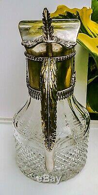 Antique Silver & Cut Crystal Glass Pitcher Decanter Hallmarked Lion Passant