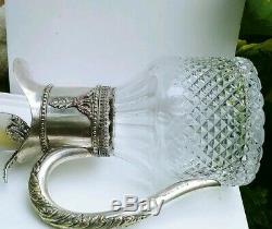 Antique Silver & Cut Crystal Glass Pitcher Decanter Hallmarked Lion Passant