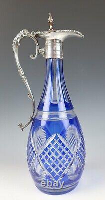 Antique Silver Plate Mounted Cobalt Cut to Clear Glass Claret Jug Wine Decanter