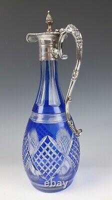 Antique Silver Plate Mounted Cobalt Cut to Clear Glass Claret Jug Wine Decanter