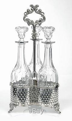 Antique Silver Plate Victorian Decanter Stand With 3 Cut Glass Decanters c. 1880