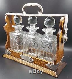 Antique Silver Plated Oak Three Decanter Tantalus