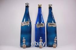 Antique Silver Plated Victorian Decanter Stand Blue Glass Bottles RUM GIN BRANDY