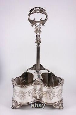 Antique Silver Plated Victorian Decanter Stand Blue Glass Bottles RUM GIN BRANDY