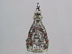 Antique Silver / Red Coral Decanter Hand Cut Crystal Liquor Whisky Cognac Wine