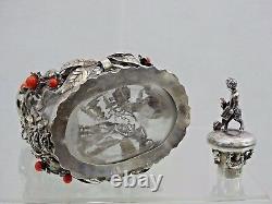 Antique Silver / Red Coral Decanter Hand Cut Crystal Liquor Whisky Cognac Wine