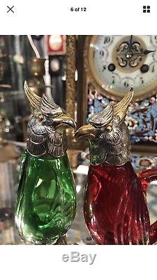 Antique Solid Silver Bohemian Cut Glass Bottle Bird Parrot Cockatoo Jug Decanter
