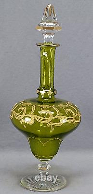 Antique St Louis Gold Art Nouveau Sunflower Chartreuse Green Clear Cut Decanter