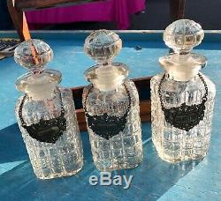 Antique Tantalus With Three Cut Glass Decanters & Key & Hanging Tags