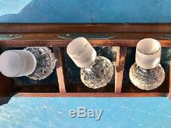 Antique Tantalus With Three Cut Glass Decanters & Key & Hanging Tags