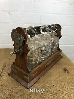 Antique Three Cut Glass Crystal Decanters in Wooden Tantalus with Key AF