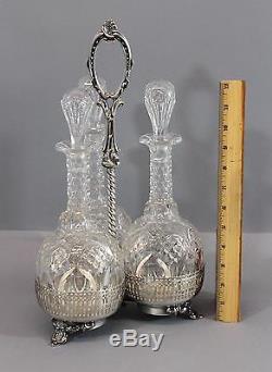 Antique Victorian Cut Cyrstal Glass Liquor Decanter Bottles with Silverplate Caddy