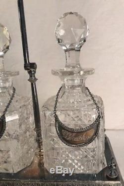 Antique Victorian Cut Glass & Silverplate Tantalus Decanter Set