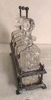 Antique Victorian Cut Glass & Silverplate Tantalus Decanter Set