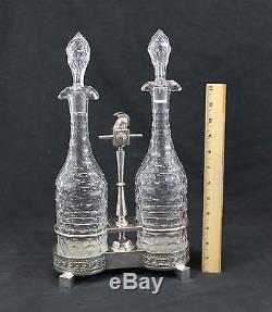Antique Victorian Cut Glass Wine Decanter Bottles with Greek Key Silverplate Caddy