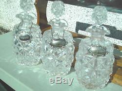 Antique Victorian Edwardian Tantalus 3 Crystal Glass Decanters