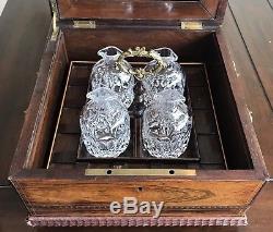 Antique Victorian French Tantalus Cut Glass Liquor Decanter Box Set Brass Inlay