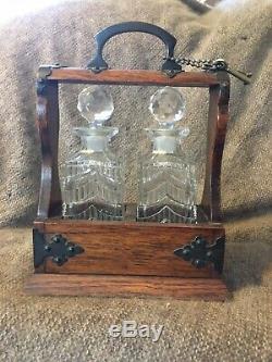 Antique Victorian Oak Tantalus Cut Glass 2 Crystal Decanter Set Locking With Key