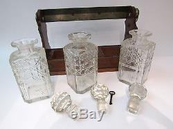 Antique Victorian Oak Tantalus Cut Glass Liquor Bottle Decanters with key