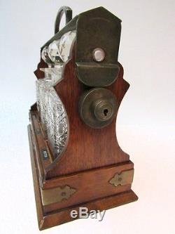 Antique Victorian Oak Tantalus Cut Glass Liquor Bottle Decanters with key