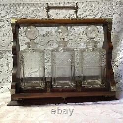Antique Victorian Oak Tantalus, Original Three Cut Glass Decanters & Stoppers