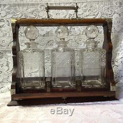 Antique Victorian Oak Tantalus, Original Three Cut Glass Decanters & Stoppers