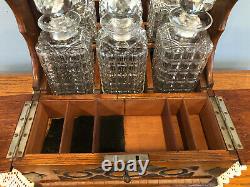 Antique Victorian Oak Tantalus with Spring Loaded Drawer & Cut Glass Decanters