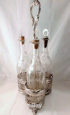 Antique Victorian Set 3 Cut Glass Spirit Decanter on Silver Plated Steel Stand