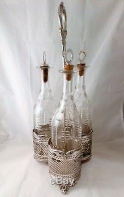 Antique Victorian Set 3 Cut Glass Spirit Decanter on Silver Plated Steel Stand