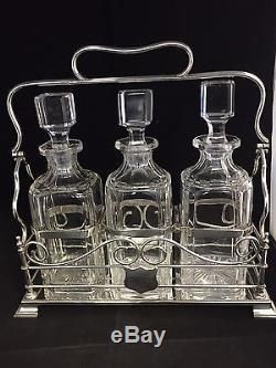 Antique Victorian Silver Plated Tantalus with 3 Cut Glass Decanters #GA